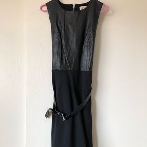Michael Kors black leather + fabric belted dress
